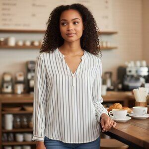 New Alexander Jordan Size 1X White Black Striped Long Sleeve Blouse Top Shirt